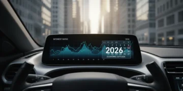 Digital car dashboard displaying fluctuating interest rates for 2026 auto loans, with economic graphs and a calendar.