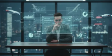 Futuristic individual reviewing a detailed digital credit report in 2026