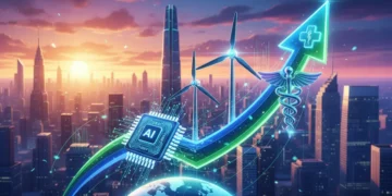 Futuristic stock market graph showing upward trend with technology and healthcare symbols
