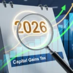 Calendar highlighting 2026 with financial charts and a magnifying glass over 'Capital Gains Tax'