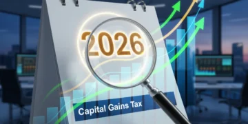 Calendar highlighting 2026 with financial charts and a magnifying glass over 'Capital Gains Tax'
