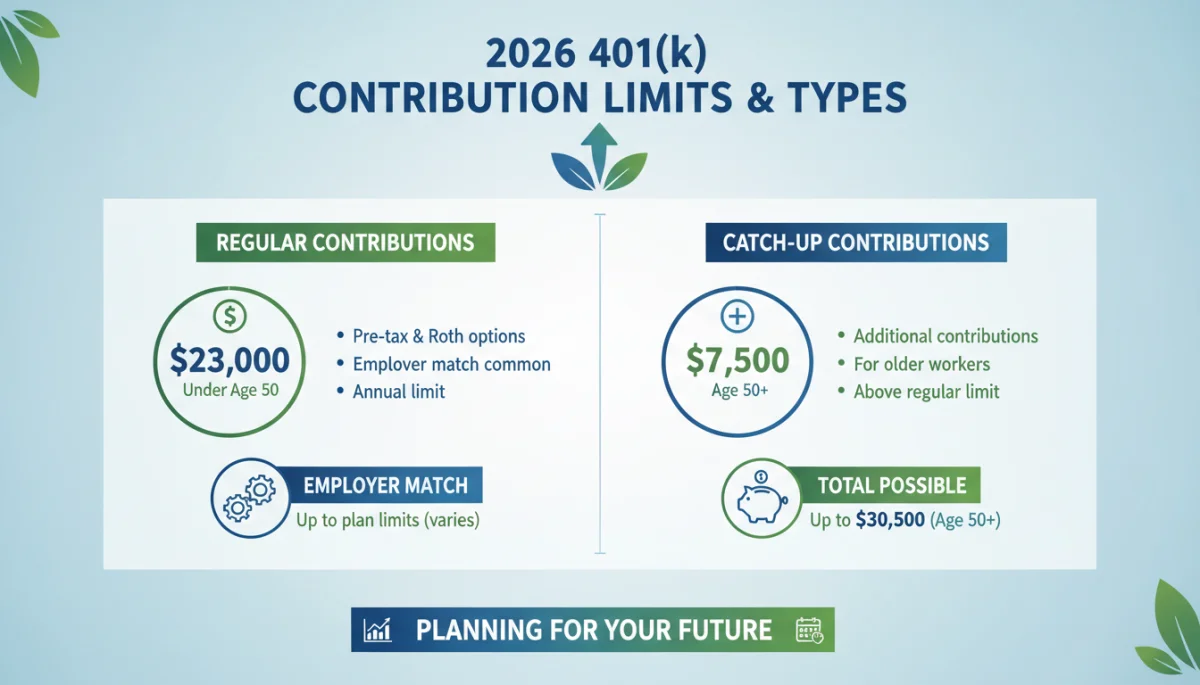 Infographic showing 401(k) contribution limits and catch-up provisions for 2026