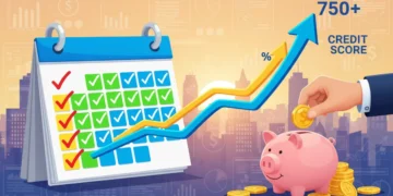 Calendar marking 90 days with rising credit score and piggy bank