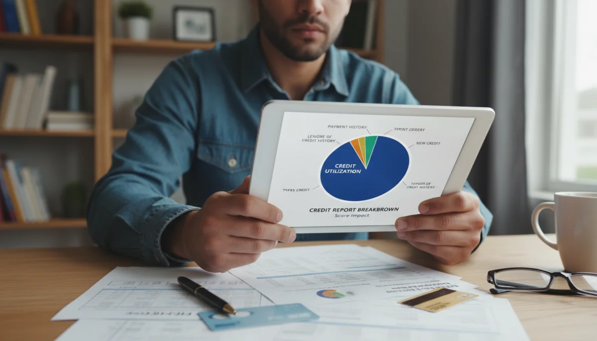 Person analyzing credit report pie chart on tablet