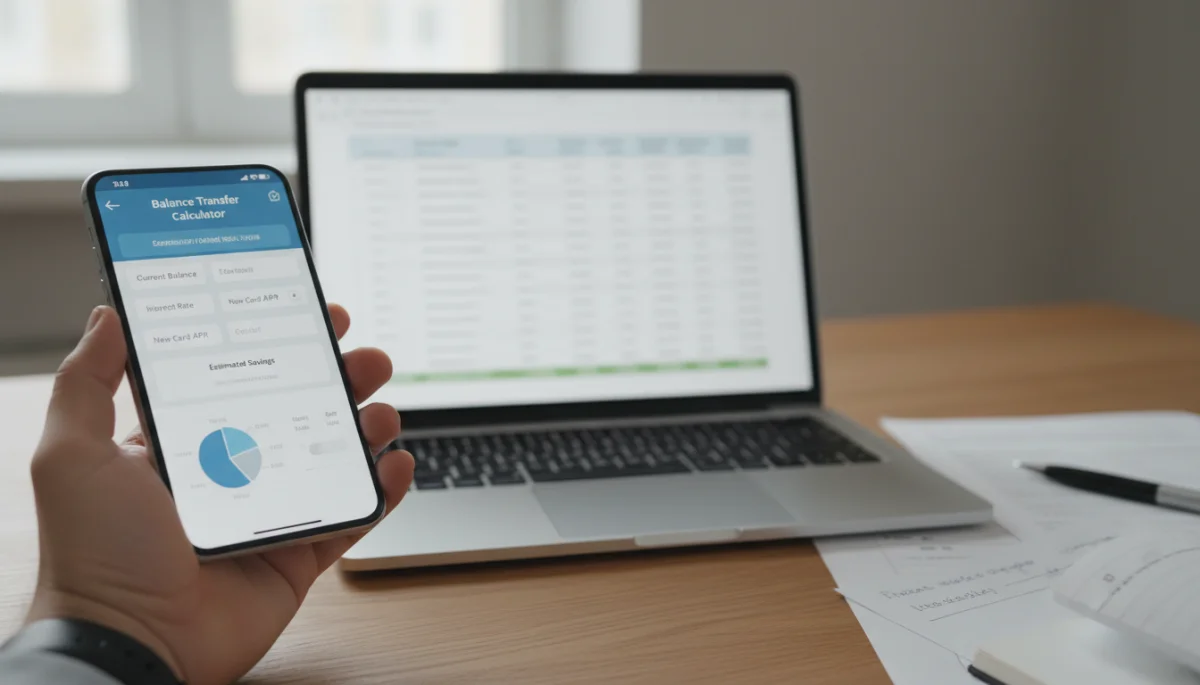 Person using a balance transfer calculator on a smartphone to plan debt payments