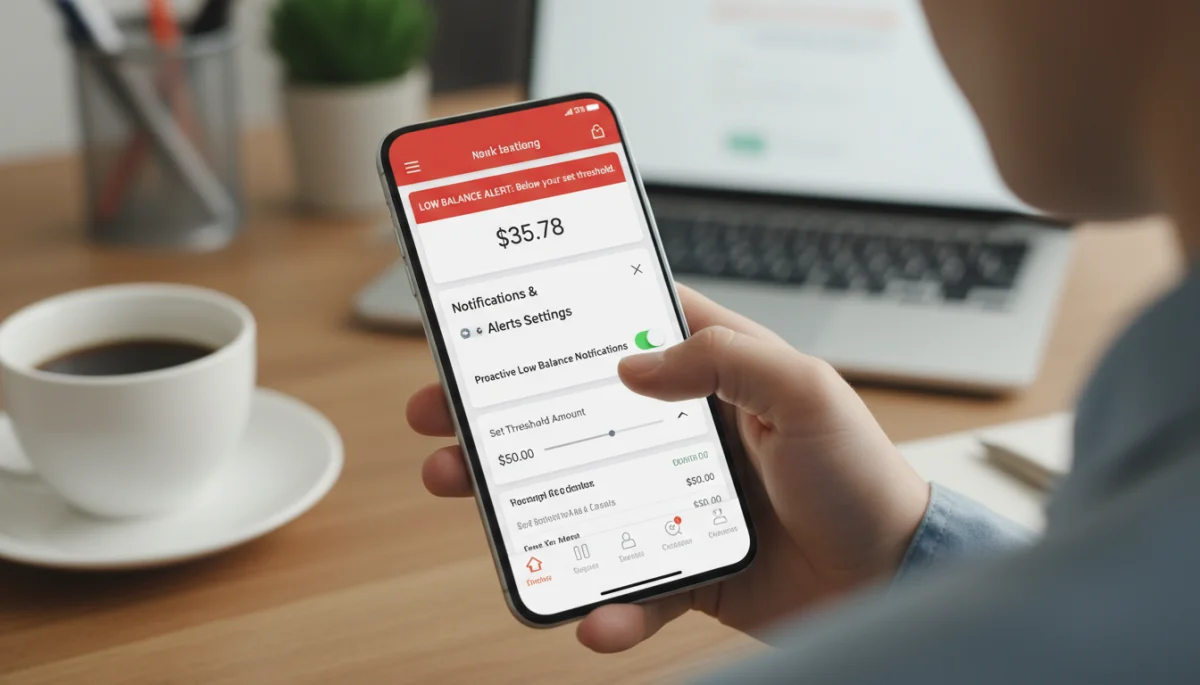 Smartphone banking app showing low balance alert