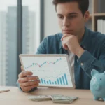 Young person analyzing investment options on a tablet, symbolizing beginner investment decisions between ETFs and mutual funds.