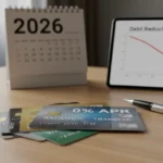 Credit cards fanned out, highlighting a 0% APR balance transfer offer for 2026