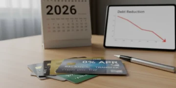 Credit cards fanned out, highlighting a 0% APR balance transfer offer for 2026