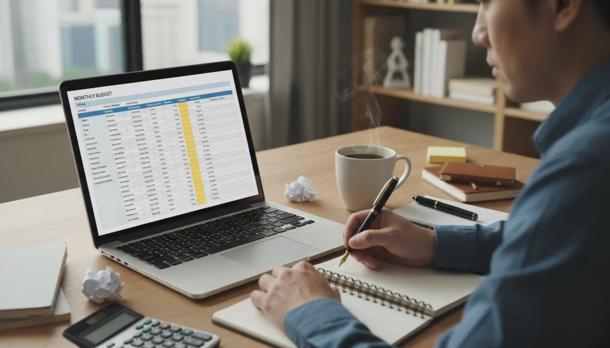 Person analyzing budget spreadsheet on laptop