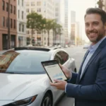 Smiling person reviewing car insurance policy on tablet for savings