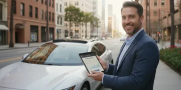 Smiling person reviewing car insurance policy on tablet for savings