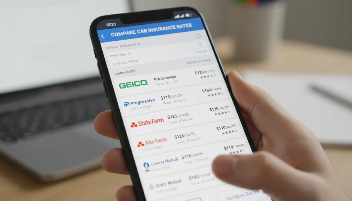 Smartphone screen showing multiple car insurance quotes comparison