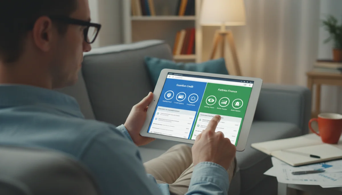 Individual comparing features of various credit monitoring services on a tablet.
