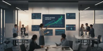 Financial professionals analyzing corporate bond market data for 2026