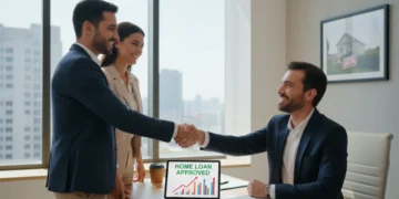 Couple securing mortgage pre-approval with a financial advisor