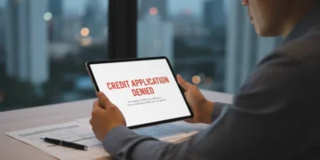 Person analyzing credit application denial on tablet in 2026