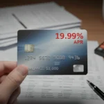 Credit card with 19.99% APR and financial documents illustrating debt impact.