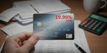 Credit card with 19.99% APR and financial documents illustrating debt impact.