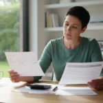 Thoughtful person reviewing credit card statements and personal loan application