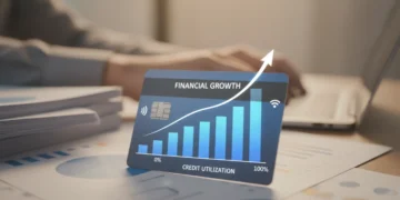 Credit card with rising graph showing credit utilization ratio improvement
