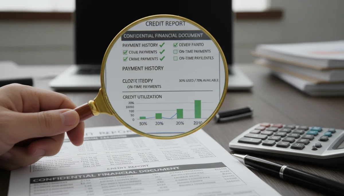 Detailed review of credit report with magnifying glass