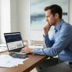 Thoughtful person analyzing debt management plan options on a laptop