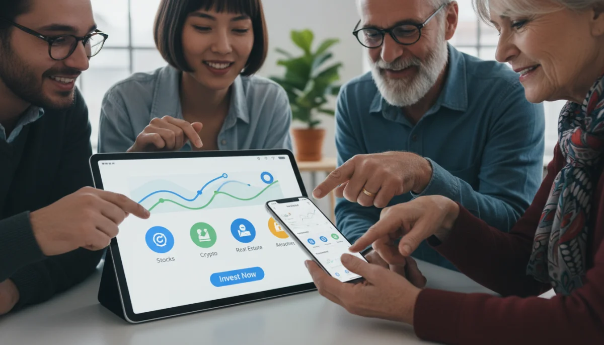 Diverse investors using modern digital investment platform