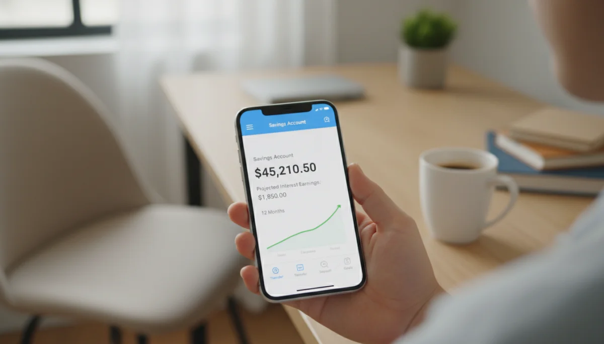 Person checking high-yield savings account on banking app, illustrating digital financial management