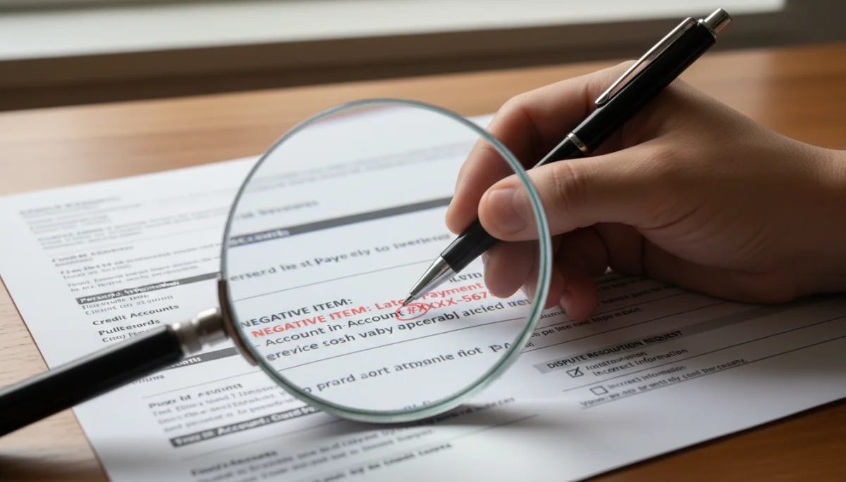Magnifying glass over credit report negative item, ready for dispute.