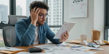 Frustrated individual reviewing bank statement for errors in 2026
