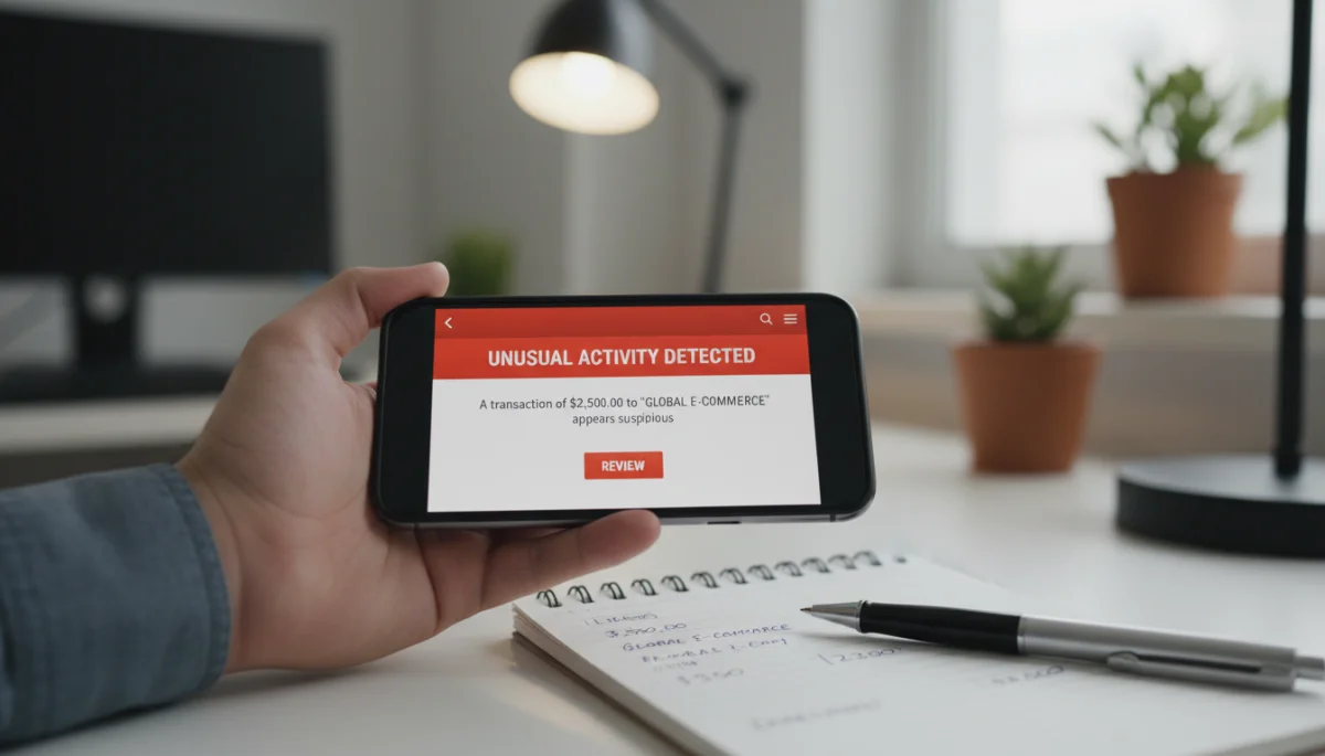 Person documenting suspicious banking transaction on smartphone