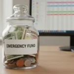 Emergency fund jar with US dollars and financial planning tools