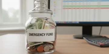 Emergency fund jar with US dollars and financial planning tools