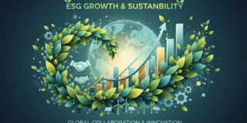 Illustration of green leaves and financial graphs representing ESG investment growth