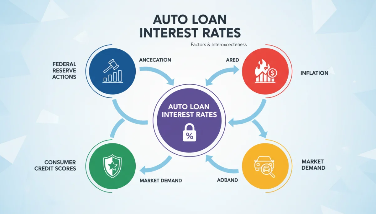 Infographic showing key factors influencing auto loan interest rates, including Federal Reserve, inflation, and credit scores.