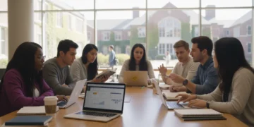 College students reviewing FAFSA forms and financial aid information