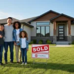 2026 FHA Loan Requirements: Your Guide to Lower Down Payments Happy family standing in front of their new home with a 'Sold' sign, symbolizing successful homeownership through FHA loans.