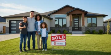 Happy family standing in front of their new home with a 'Sold' sign, symbolizing successful homeownership through FHA loans.