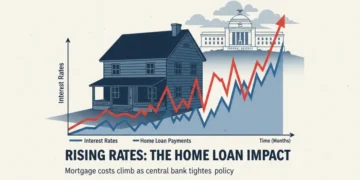 Federal Reserve building with rising interest rate graph and house silhouette