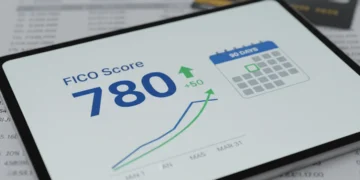 Digital display showing FICO score increase over 90 days