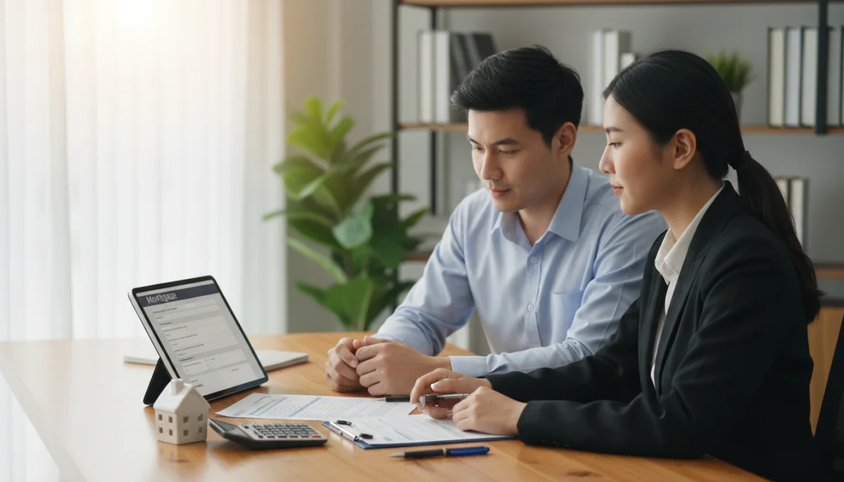 Financial advisor explaining FHA loan documents to a young couple, highlighting the application process.