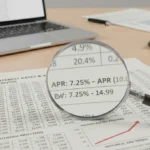 Financial document with APR and interest rate figures under a magnifying glass, symbolizing loan transparency.