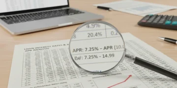 Financial document with APR and interest rate figures under a magnifying glass, symbolizing loan transparency.