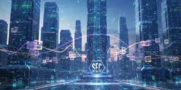 Futuristic cityscape with blockchain and SEC logo, representing crypto regulations