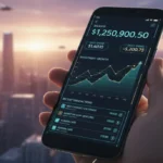 Futuristic digital banking app on a smartphone, modern city skyline background