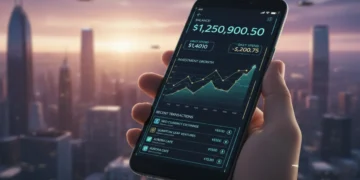 Futuristic digital banking app on a smartphone, modern city skyline background