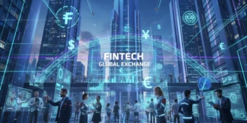 Futuristic financial cityscape with digital investment platforms