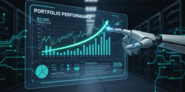 Futuristic robo-advisor dashboard showing investment growth for 2026