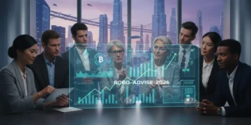 Futuristic interface showing investment data for robo-advisors in 2026